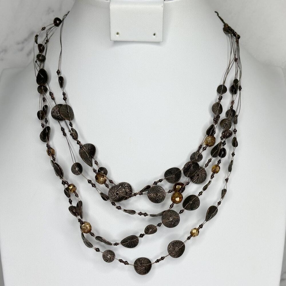 Chico's Multi Strand Bronze Disc Beaded Bohemian Statement Necklace ✨